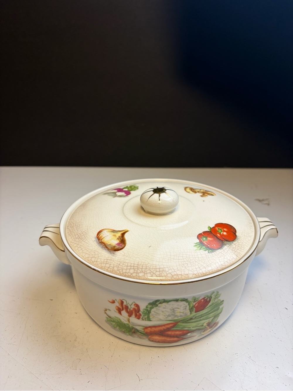 Cream Ceramic Vegetable-Print Covered Casserole Dish